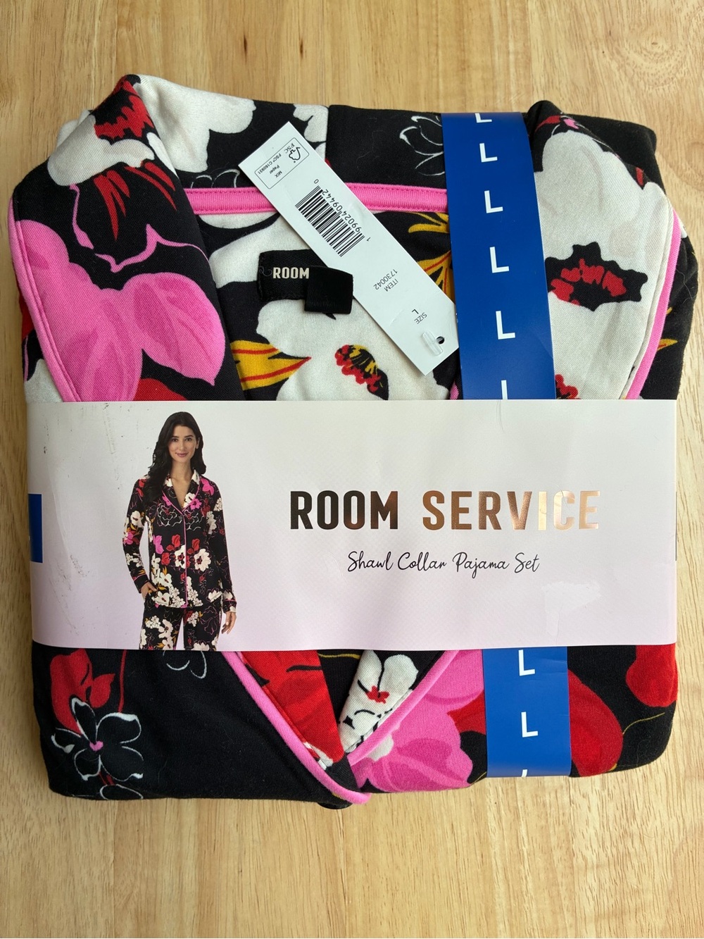 Room Service Floral Shawl Collar Pajama Set Black Size Large L New